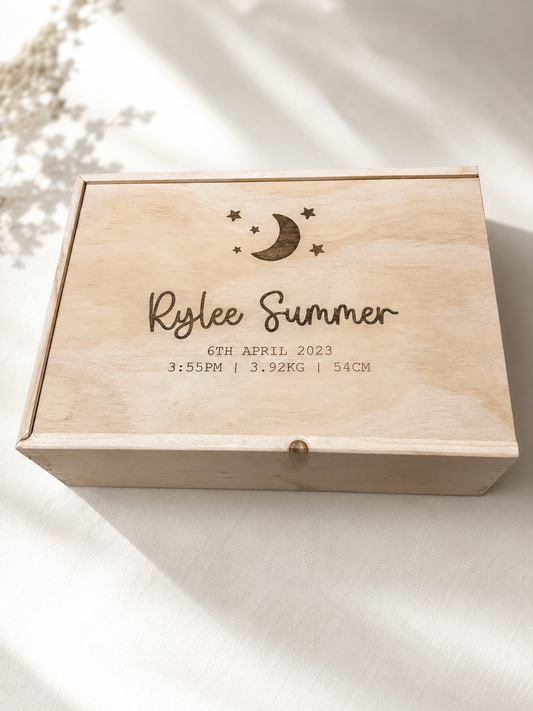 Personalised Wooden Keepsake box - Moon & Stars Design