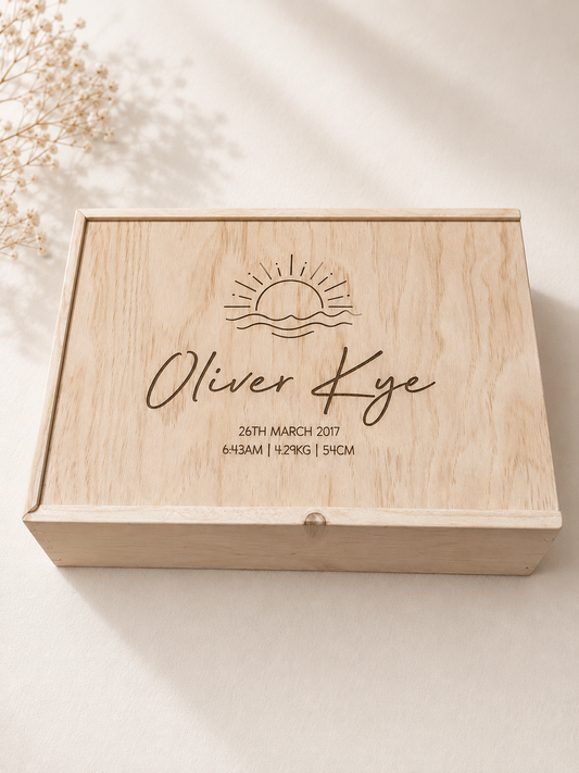 Personalised Wooden Keepsake box - Sun Design