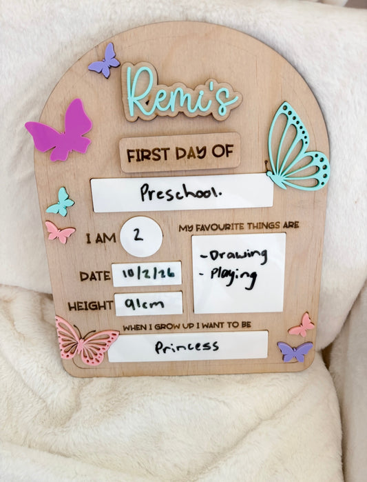 Interchangeable first day/last day board (and additional name options) - butterflies design