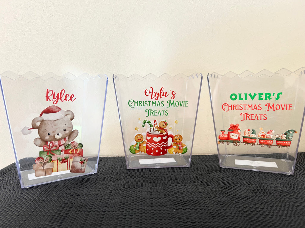 Christmas movie personalised popcorn/treat buckets