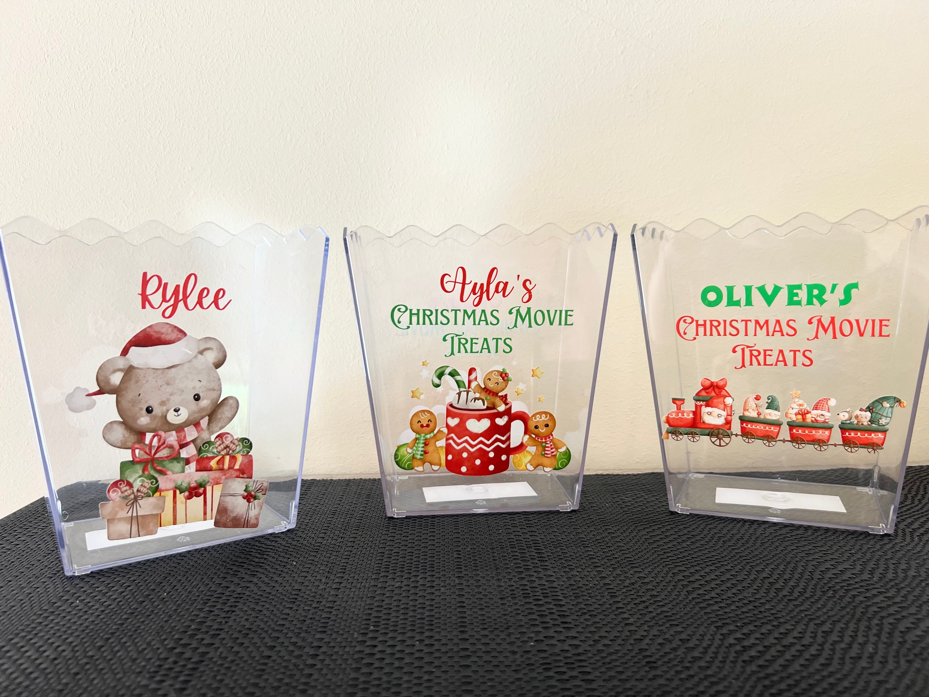 Christmas movie personalised popcorn/treat buckets