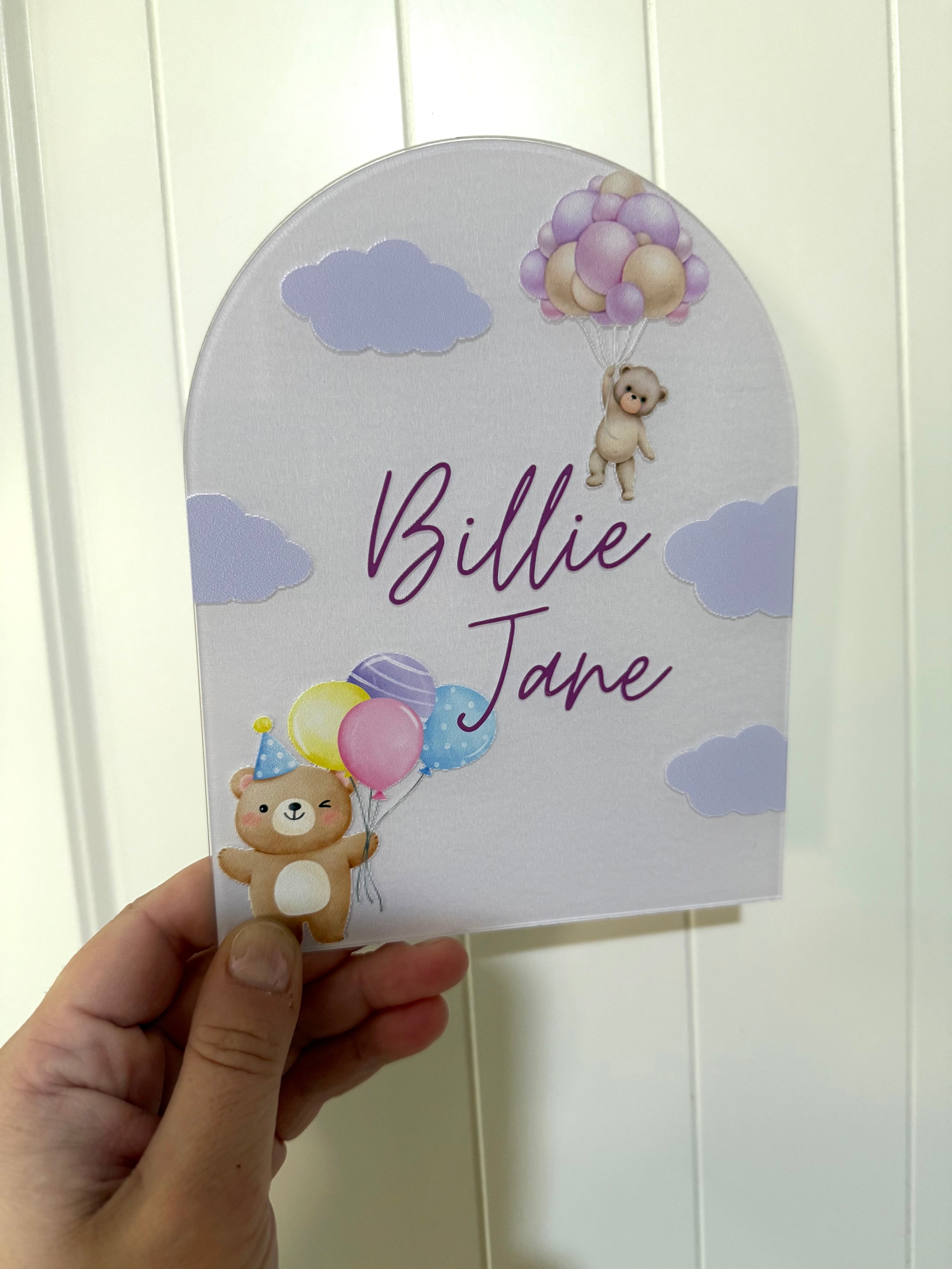 Teddy in the clouds announcement plaque - purple theme