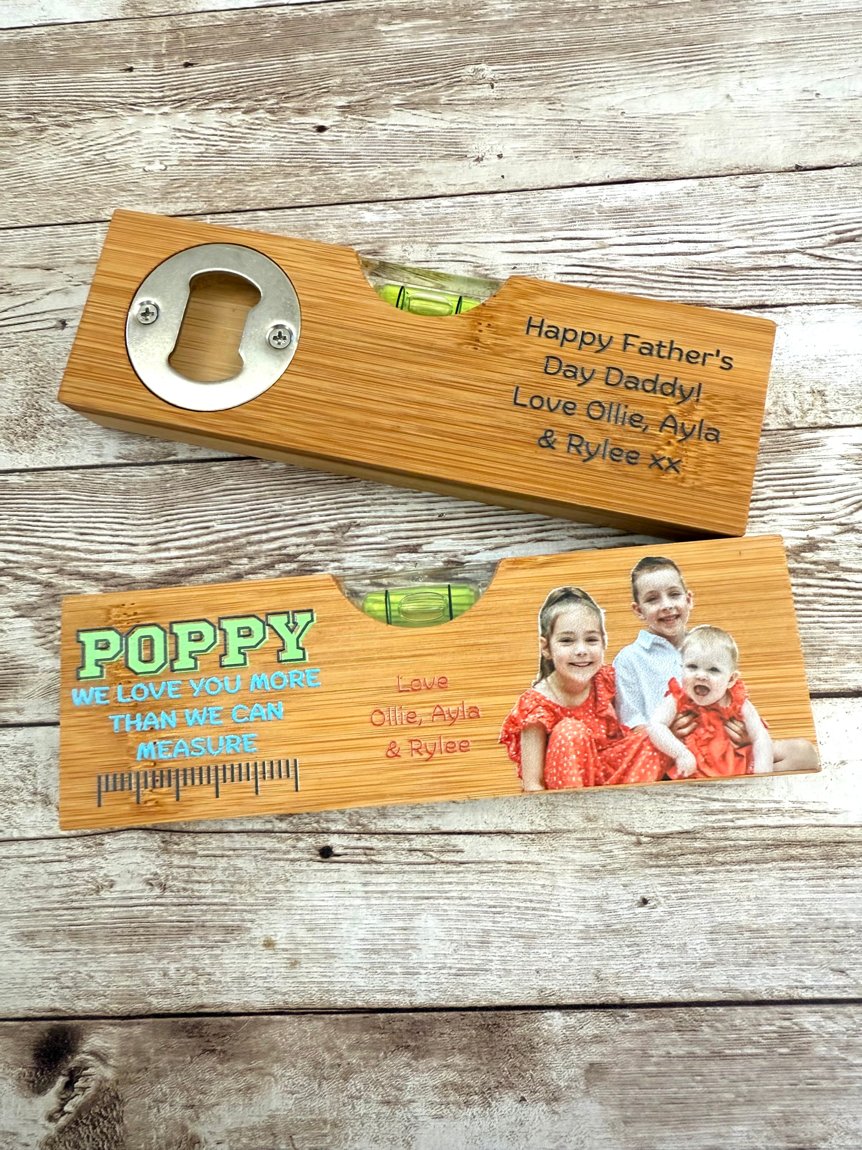 Personalised bottle opener & spirit level - We love you more than we can measure