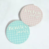 Gingham baby announcement plaque