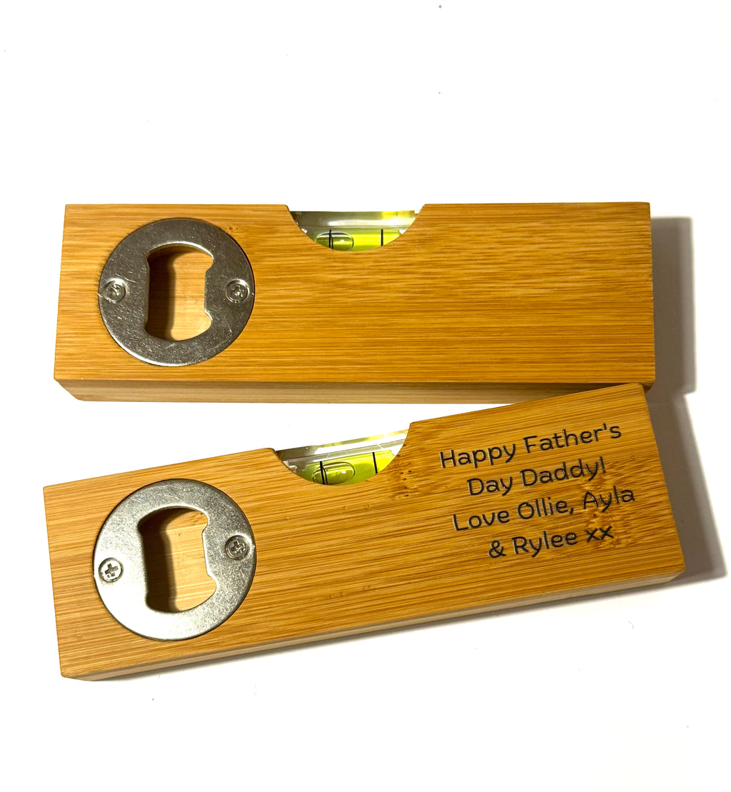 Personalised bottle opener & spirit level - dad bod design