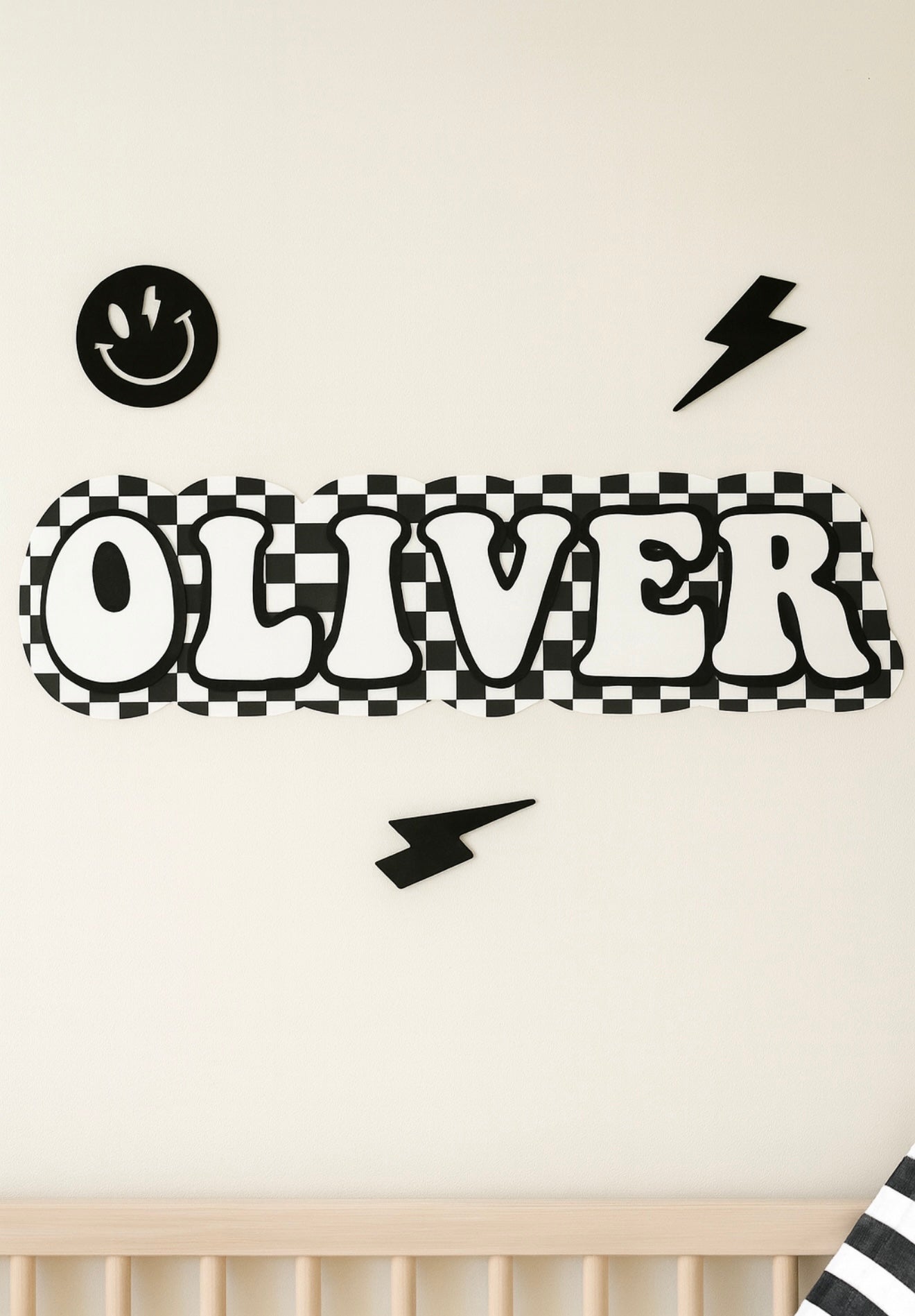 Checkered name plaque with lightning & smiley acrylic decals