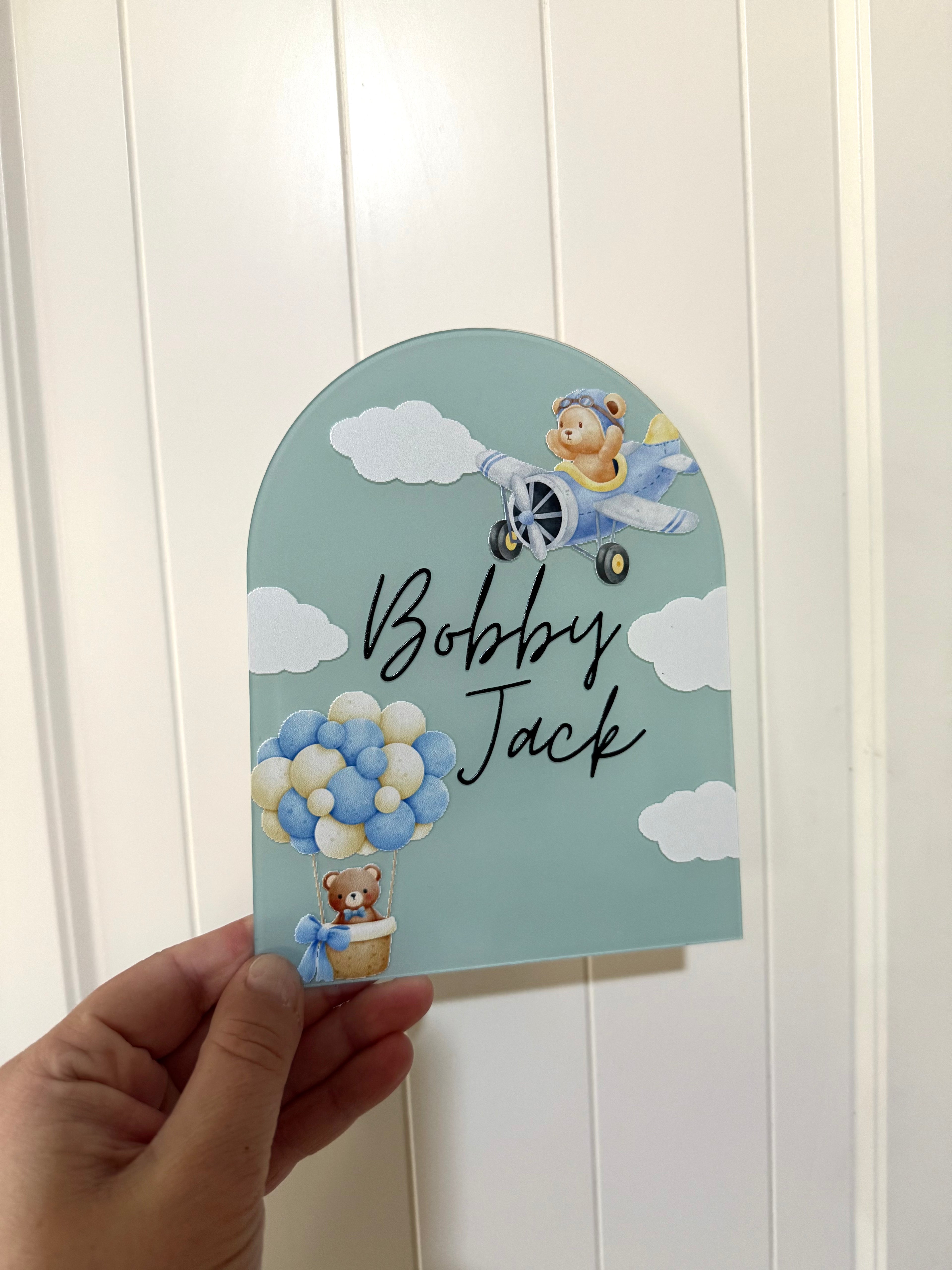 Teddy in the clouds announcement plaque - blue theme
