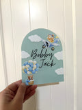 Teddy in the clouds announcement plaque - blue theme