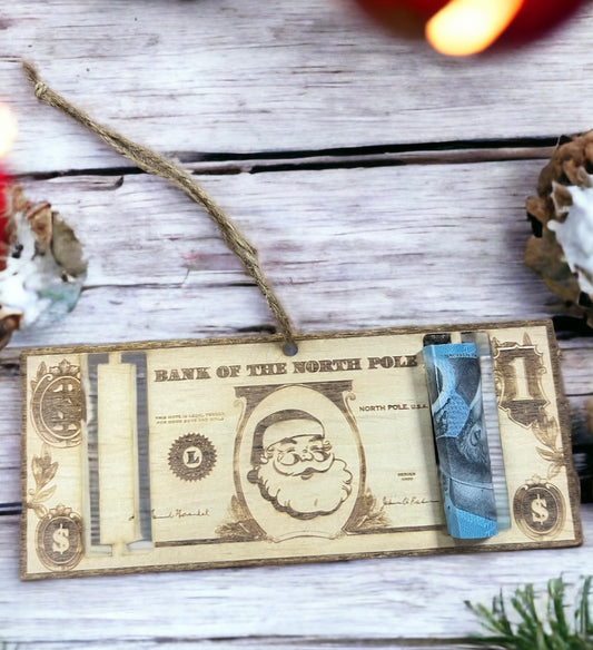 North Pole money ornament