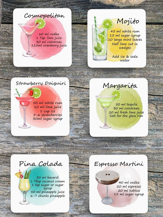 Set of 6 cocktail recipe coasters