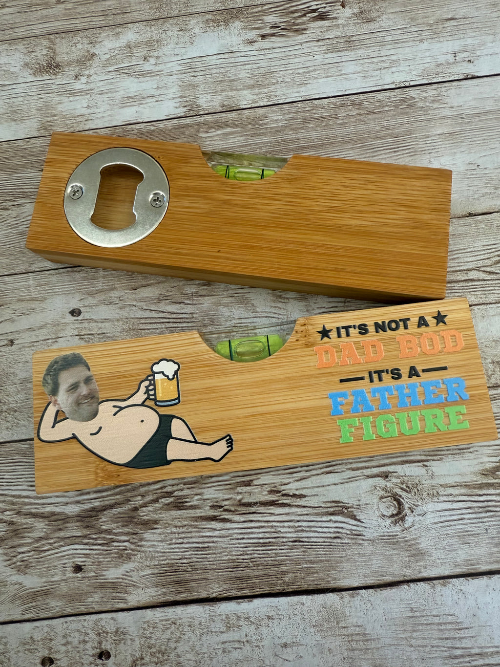 Personalised bottle opener & spirit level - dad bod design