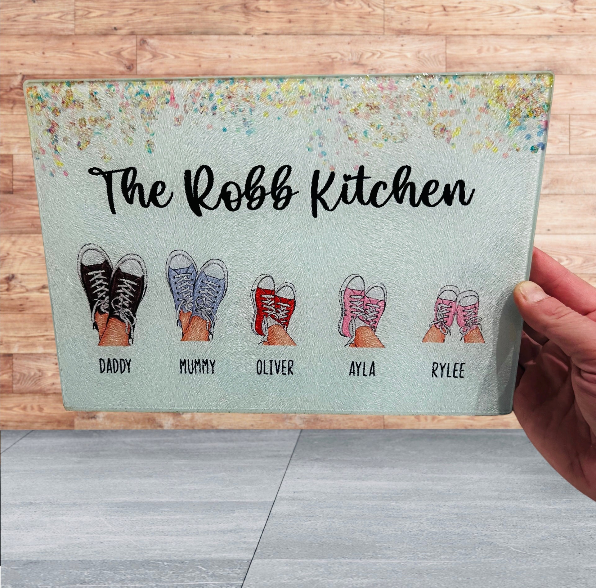 Personalised glass cutting board with shoes - 4 Little Dreamers