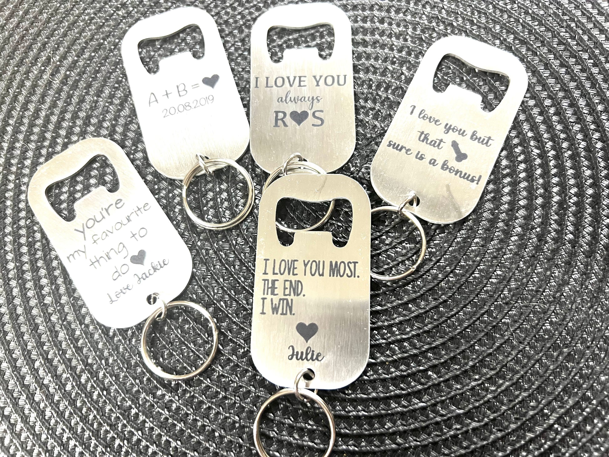 Engraved bottle opener key rings - 4 Little Dreamers
