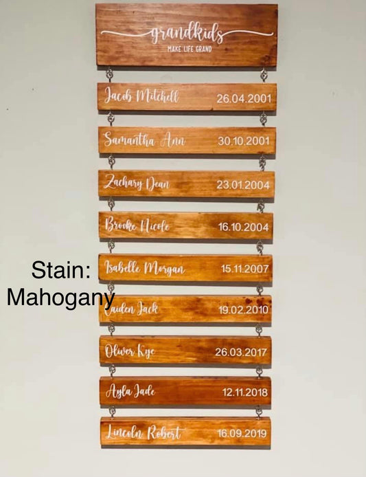 Mahogany with white text